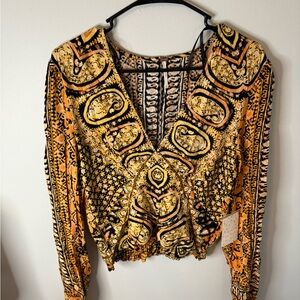 Free People Black and Orange Long Sleeve Blouse